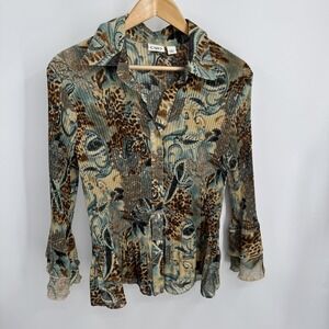 Cato Shirt Womens L Earth Tone Abstract Retro Crinkle Bell Sleeve Boho Disco